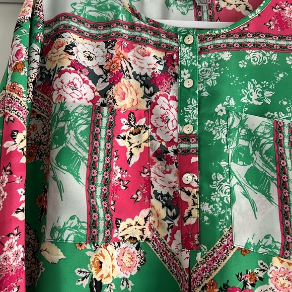 Anthropologie Figueroa & Flower Boho Tunic Pink Green White 3/4 flare Sleeves - Picture 2 of 8